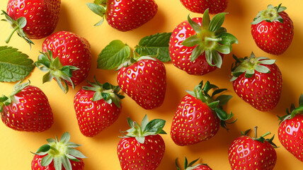 Strawberries on a yellow background, top view, flat lay
generativa IA