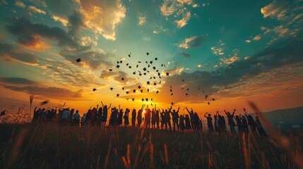 A group of people are celebrating their graduation by throwing their caps in the air as the sun sets.