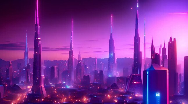 A Futuristic Night Skyline Illuminated by Neon Lights