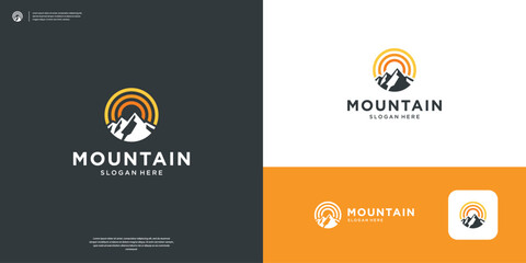 Sunset above mountains peak silhouette logo design template