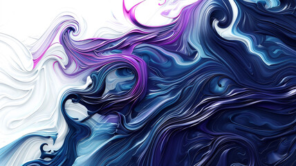 Dynamic swirls of midnight blue and deep purple intertwining harmoniously over a pristine white surface