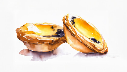Watercolor of "Pasteisde nata", typical pastry from Lisbon - Portugal, isolated on white background