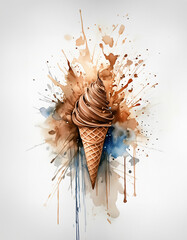 An artistic depiction of a chocolate ice cream cone against a backdrop of colorful paint splashes
