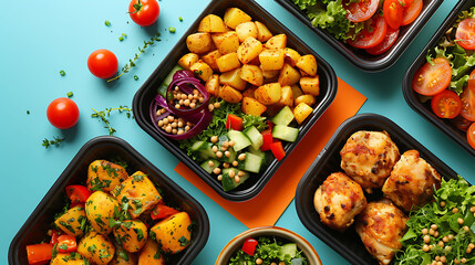 Top view of mediterranean chicken and falafel meals with salad, roasted potatoes and pickled vegetables in takeout containers on blue background and orange placemat