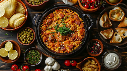Top view of metal pan with cooked dish from the region of murcia in spain placed on table among bowls with ingredients - obrazy, fototapety, plakaty