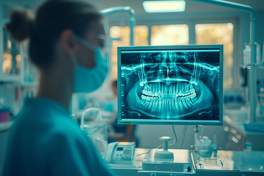 A dental X-ray on the computer screen in a dental clinic. Dental study to decide treatment. Medicine, dental care, and health