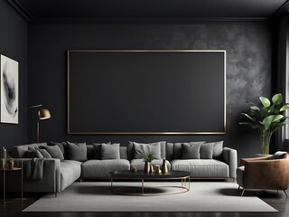  Large empty screen in a living room interior on an empty dark wall background design,3D rendering 