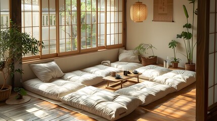 In a Minimalist Japanese Bedroom featuring Flexible Seating, a floor seating sofa with large and comfortable cushions is arranged invitingly for relaxation or social gatherings, complemented by floor 