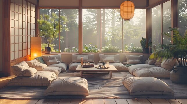 In a Minimalist Japanese Bedroom featuring Flexible Seating, a floor seating sofa with large and comfortable cushions is arranged invitingly for relaxation or social gatherings, complemented by floor 