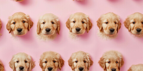 Row of many adorable golden retriever puppies lined up on pink background, cute pet portraits concept for dog lovers
