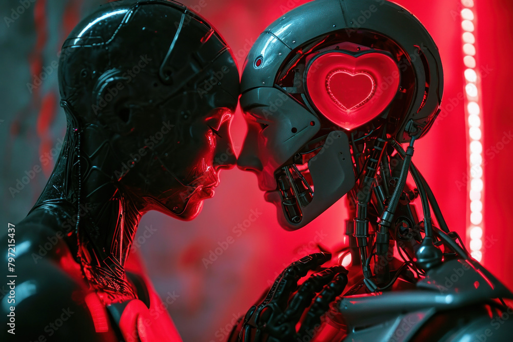 Aufkleber robots in love two robots kissing in front of a red light, one holding heart shaped object