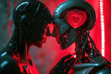 Robots in love Two robots kissing in front of a red light, one holding heart shaped object