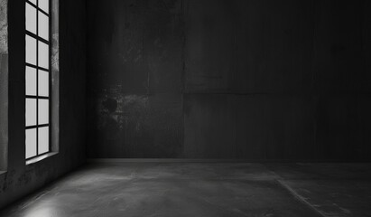 A dimly lit empty room with a large window casting light on a concrete wall and floor, creating a moody atmosphere.