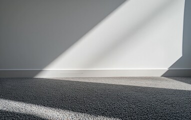 Sunlight casting sharp shadows on a textured carpet in a minimalist room.