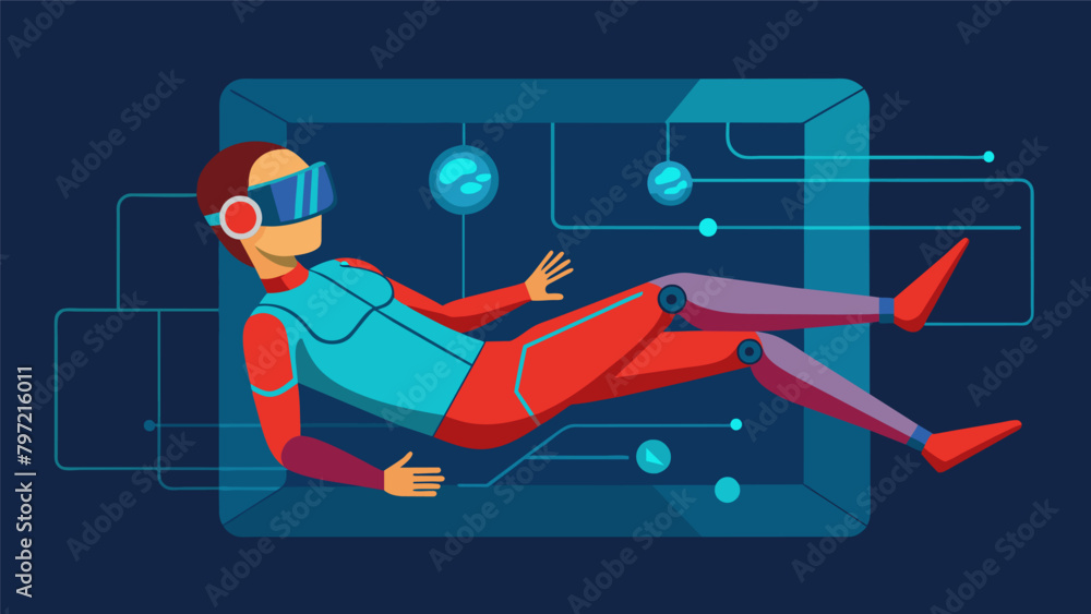 Poster a person lying in a chamber completely immersed in a virtual reality world through a fullbody neural