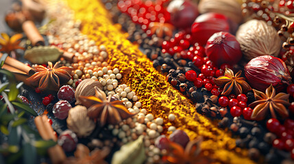 Background with spices ( turmeric , star anise , barberry , allspice , cloves , paprika) - obrazy, fototapety, plakaty