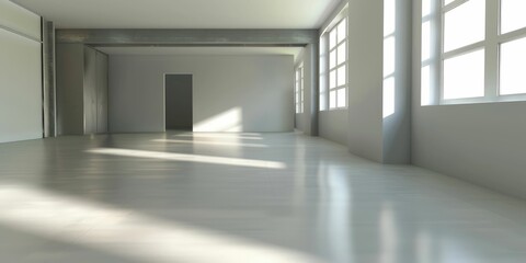 Fototapeta premium Spacious empty room with large windows casting sunlight on a glossy floor, creating a bright and airy atmosphere.
