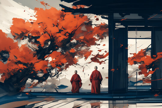 A serene Buddhist temple during autumn, with monks in meditation surrounded by vibrant red maple leaves, symbolizing peace and mindfulness
