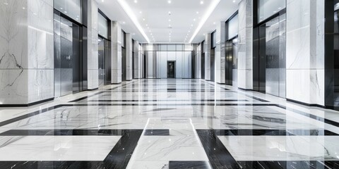 Luxurious modern lobby with marble floors and walls, featuring reflective surfaces and a symmetrical design.