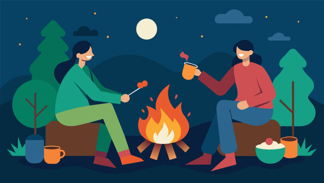 A pair of buddies who were once inseparable rekindling their friendship over smores and hot cocoa around a roaring firepit.. Vector illustration
