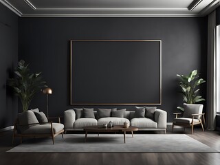  Large empty screen in a living room interior on an empty dark wall background design,3D rendering 