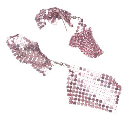 Fashion pink shinny Earrings with beautiful work detail is value. Luxury pink cloth earring is fashion trend and fly in air. White background isolated