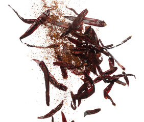 Fototapeta premium Dried Red hot Chilli fall down explosion, dried Red Chilli float explode, abstract cloud fly. Mix ground powder Chillis splash throwing in Air. White background Isolated high speed shutter, freeze