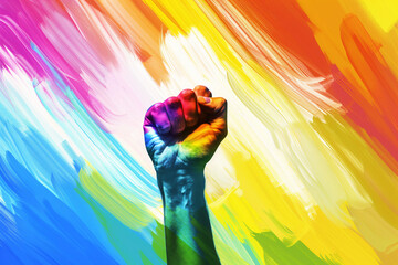 Fist raised in fight on a rainbow background, a poignant depiction of the ongoing struggle for lgbt rights and acceptance