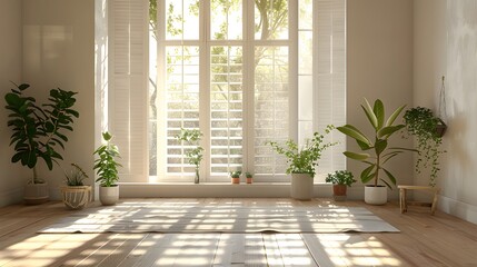 White interior window shutters with planters on the floor in front of them, a yoga mat on the wooden flooring, and sunlight shining through the windows. The room is well lit by natural light.