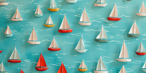 Colorful paper boats drifting in the ocean with waves and seagulls on blue background, symbolizing freedom and adventure