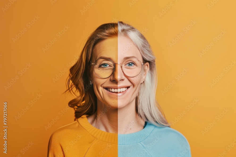 Poster holistic aging depicted through chronological aging stages and skincare secrets, integrating integra