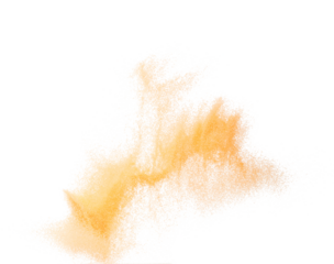 Small size orange Sand flying explosion, fruit sands grain wave explode. Abstract cloud fly. Orange colored sand splash throwing in Air. White background Isolated high speed shutter, throwing freeze