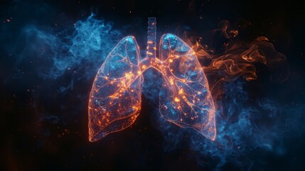 lungs in hologram style with damaged spot in black background