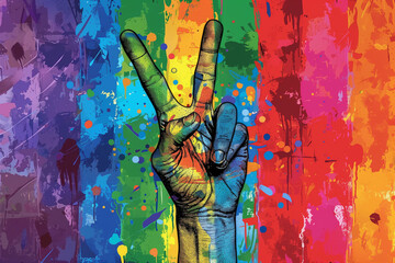 Hands with fingers in peace sign on a rainbow background, symbolizing love, unity, and harmony in the lgbt pride parade