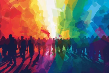 Fotobehang Gay Pride Parade on a rainbow background, a dynamic manifestation of love, freedom, and resilience in the ongoing pursuit of equality © Simn