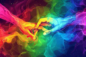 Intertwined hands of a couple on a rainbow background, capturing the spirit of pride, gay rights, and lgbt activism in their tender embrace