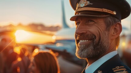 Happy airline pilot in uniform with epaulettes and cap smiling - obrazy, fototapety, plakaty