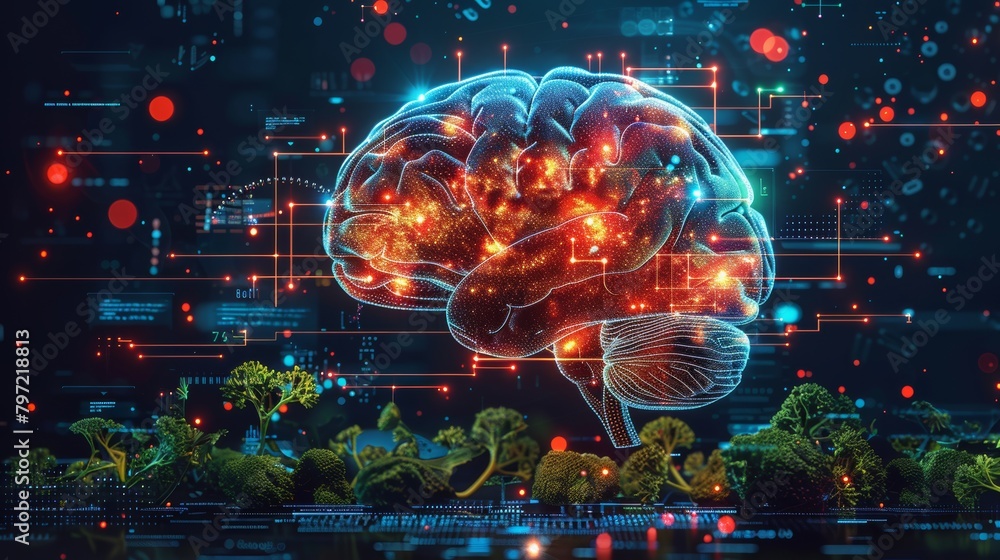 Poster digital brain concept with futuristic neural network