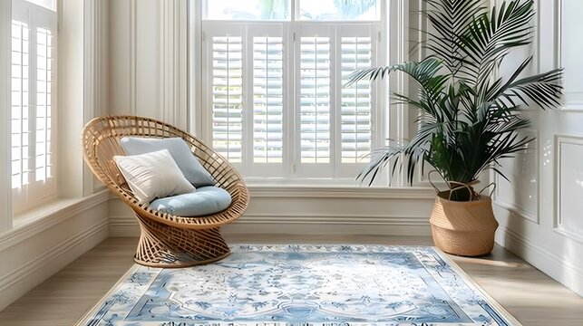 A Coastal Style Home features white plantation shutter windows, breezy curtains, and a rattan rug on the wooden floor. An intricately patterned light blue and white rug adorns the sunroom's floor