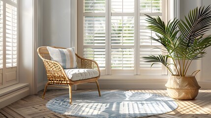 A Coastal Style Home features white plantation shutter windows, breezy curtains, and a rattan rug on the wooden floor. An intricately patterned light blue and white rug adorns the sunroom's floor