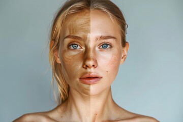 Natural aging processes and mental vitality portrayed through age-related changes and dual care strategies, exploring psychological well-being and visible aging contrasts in skincare.