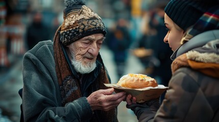 Close up view of giving food to homeless old bearded man.
