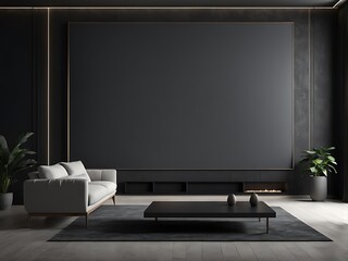  Large empty screen in a living room interior on an empty dark wall background design,3D rendering 