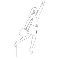 Continuous one simple single abstract line drawing of happy business woman with briefcase catching in a high. Progressive in business concept