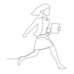 continuous line drawing of a businesswoman walking and holding a clipboard. Concept of business time management.