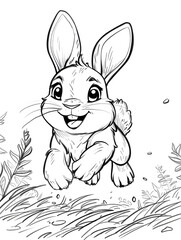 Cartoon rabbit jumping among plants in black and white art