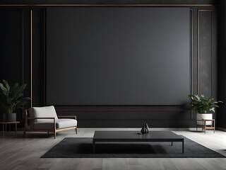  Large empty screen in a living room interior on an empty dark wall background design,3D rendering 