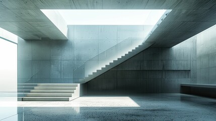 Obraz premium Modern minimalist interior with concrete walls and a floating staircase, illuminated by natural light.