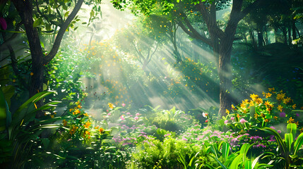 Photorealistic Forest Sunbeams Wallpaper with Flowers