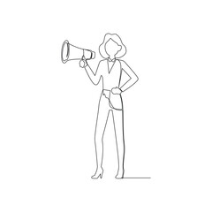 continuous line drawing of a businesswoman with megaphone to Communicate message, announce job vacancy for hiring, shouting promotion or company communication,